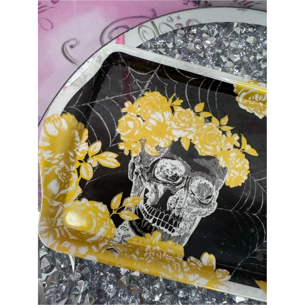 Plate serving tray skulls sugar Skull Floral Clutch in Black and Yellow